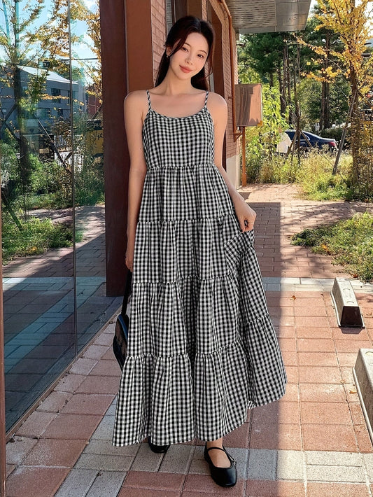 Stampa a reticolo Spaghetti Strap A-Line Cami Dress, orlo a lancia