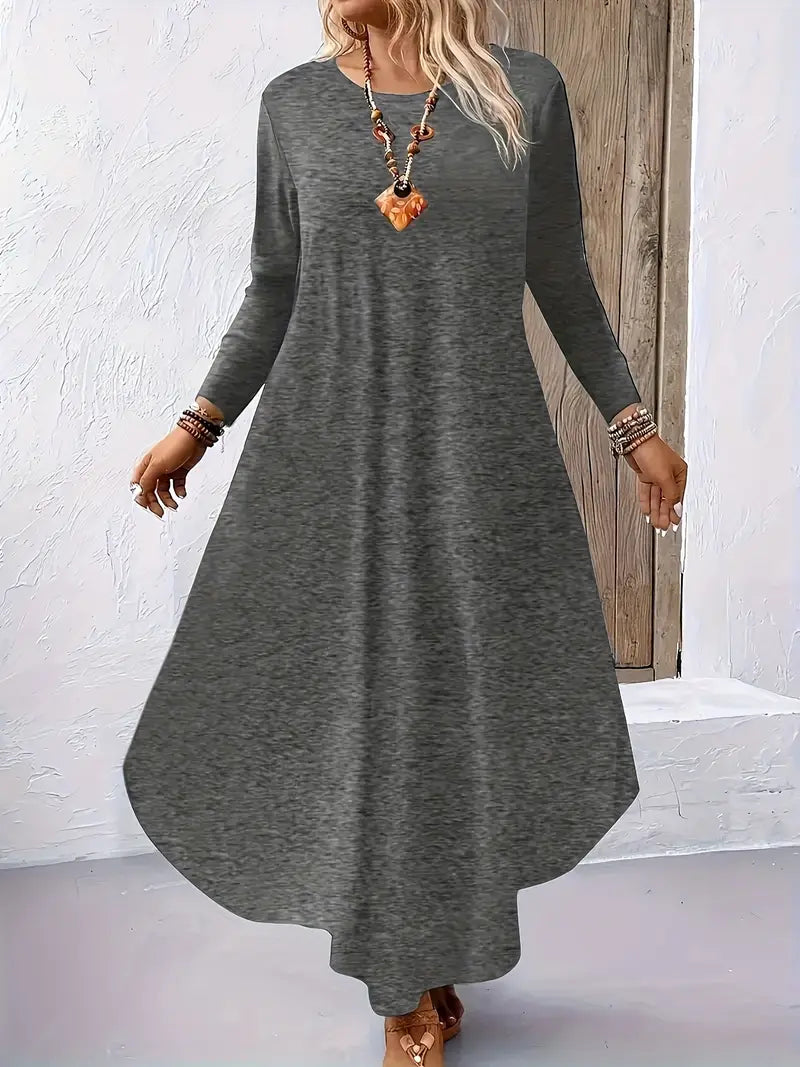 Abito da donna a maniche lunghe taglie forti, abito casual con scollo a giro e maniche lunghe