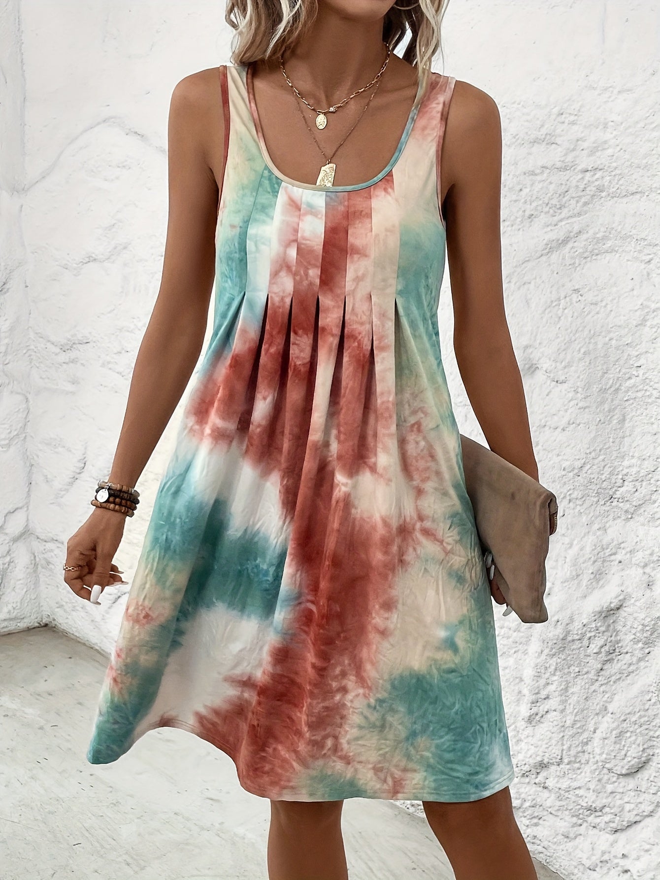 Abito estivo tie-dye Senza maniche, leggero e arioso Maxi abito casual con scollatura rotonda