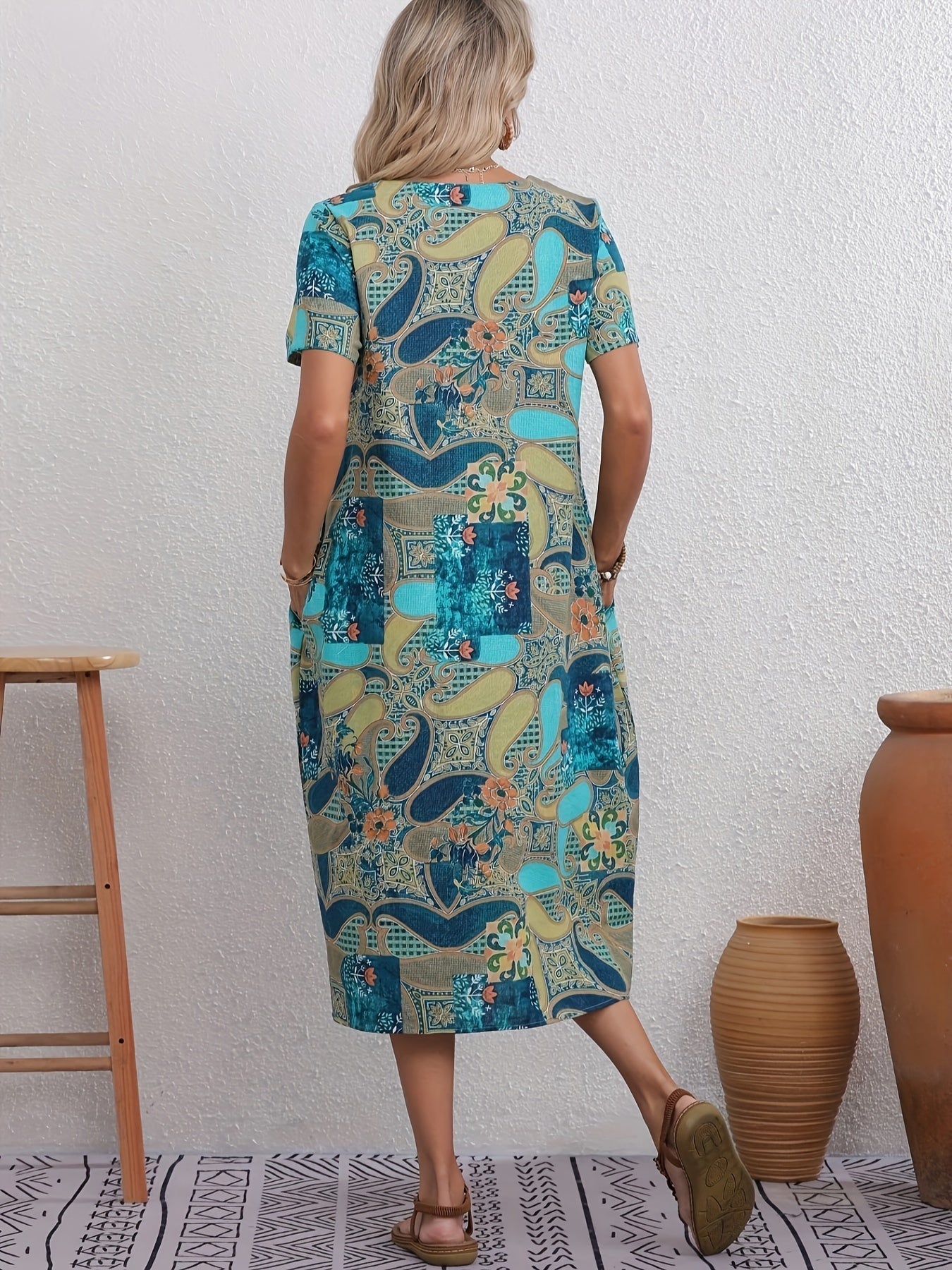 Elegante abito in lino con stampa floreale e borsa - leggero e arioso per l'estate