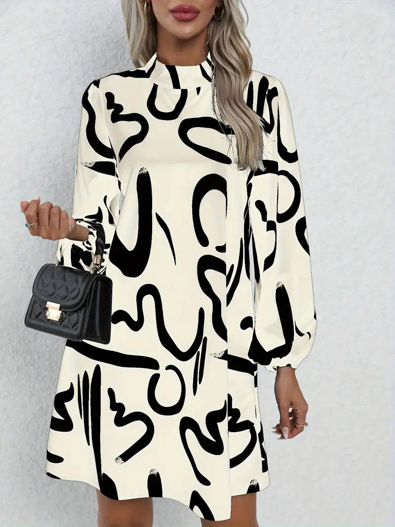 Abito elegante a maniche lunghe con stampa astratta, inverno e autunno