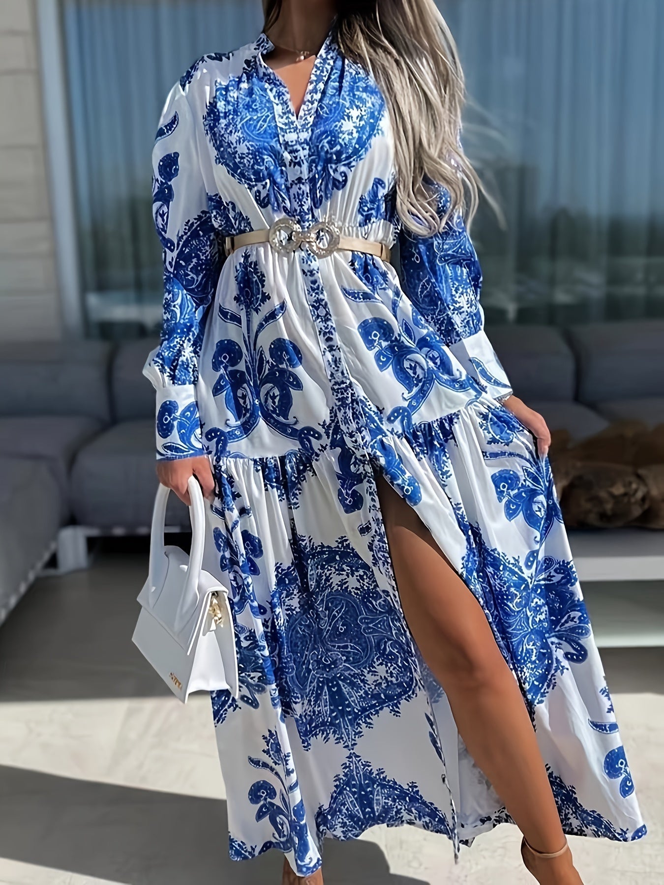 Maxi abito boho con scollo a V e maniche a lanterna, stampa pop