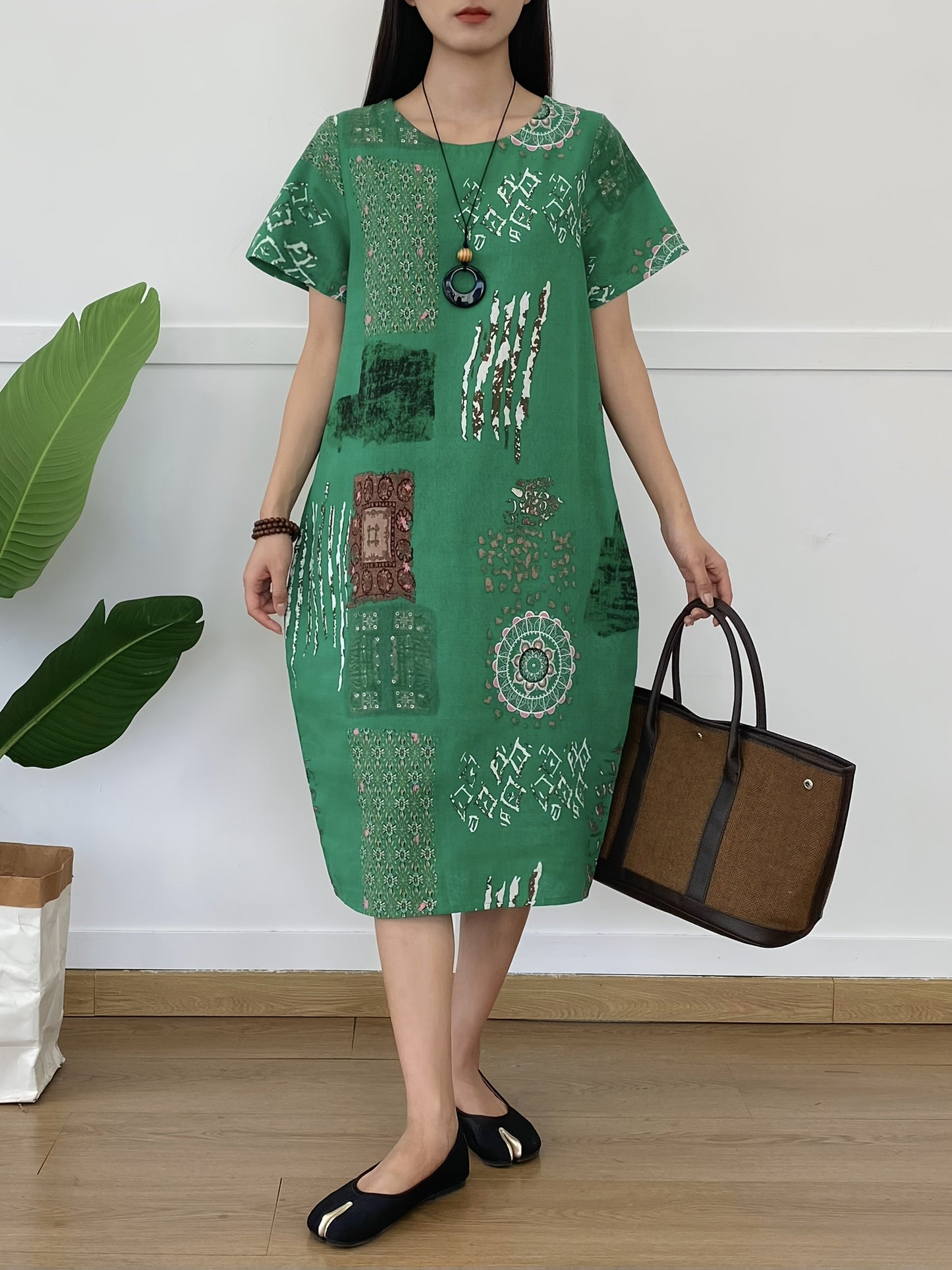 Abito tunica in lino da donna - scollo rotondo, stampa floreale, tasche e casual