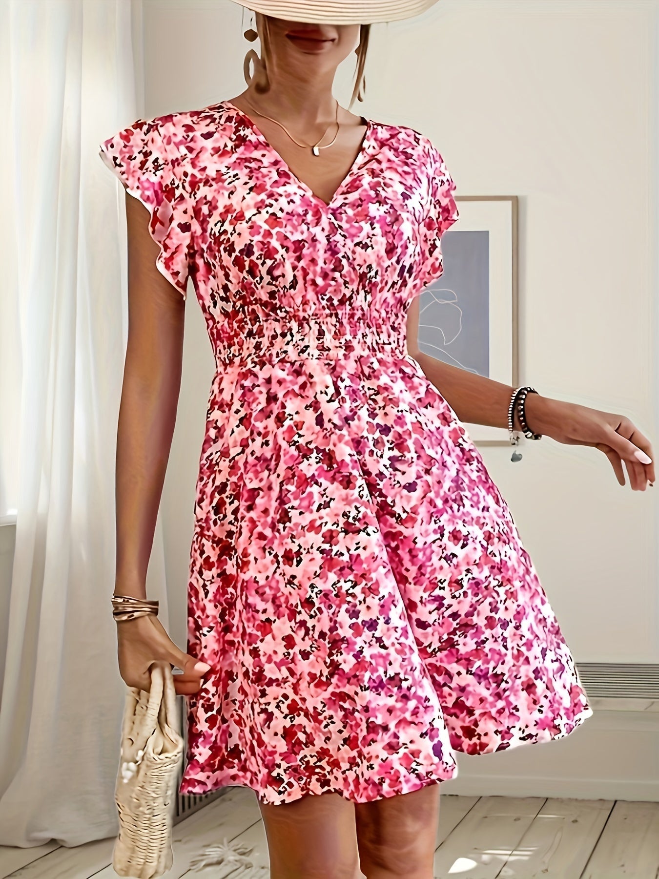 Elegante abito A-line - motivo floreale, scollatura incrociata, arioso