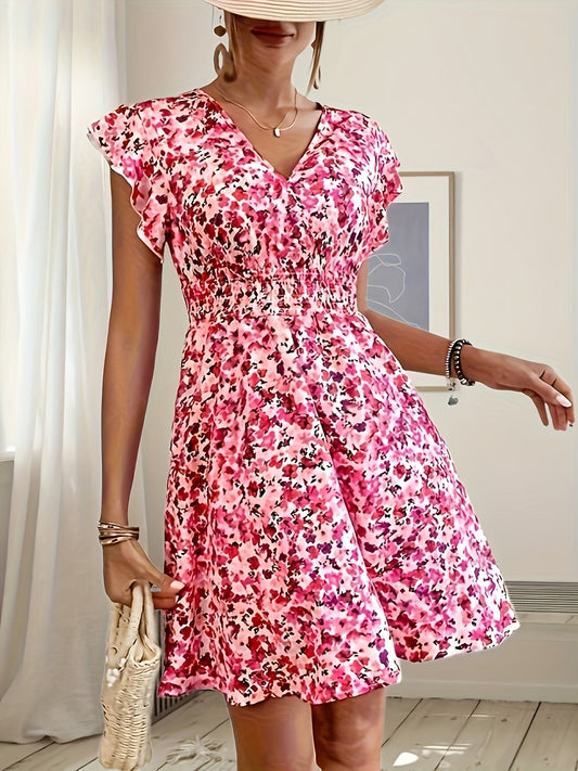 Elegante abito A-line - motivo floreale, scollatura incrociata, arioso