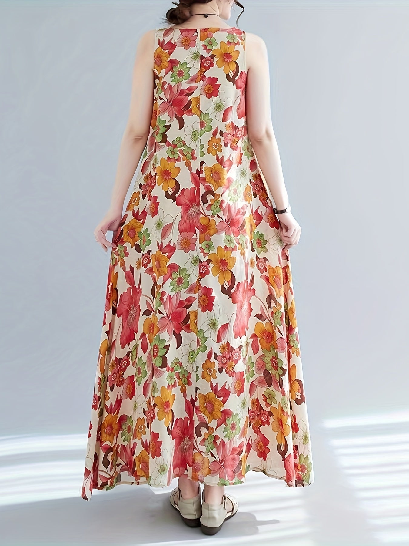 Abito floreale da donna - Senza maniche, collo rotondo, elegante e arioso per l'estate