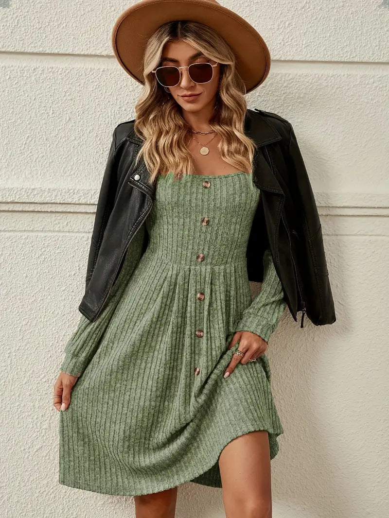 Stile disinvolto Abito in maglia a coste con scollo quadrato e maniche lunghe