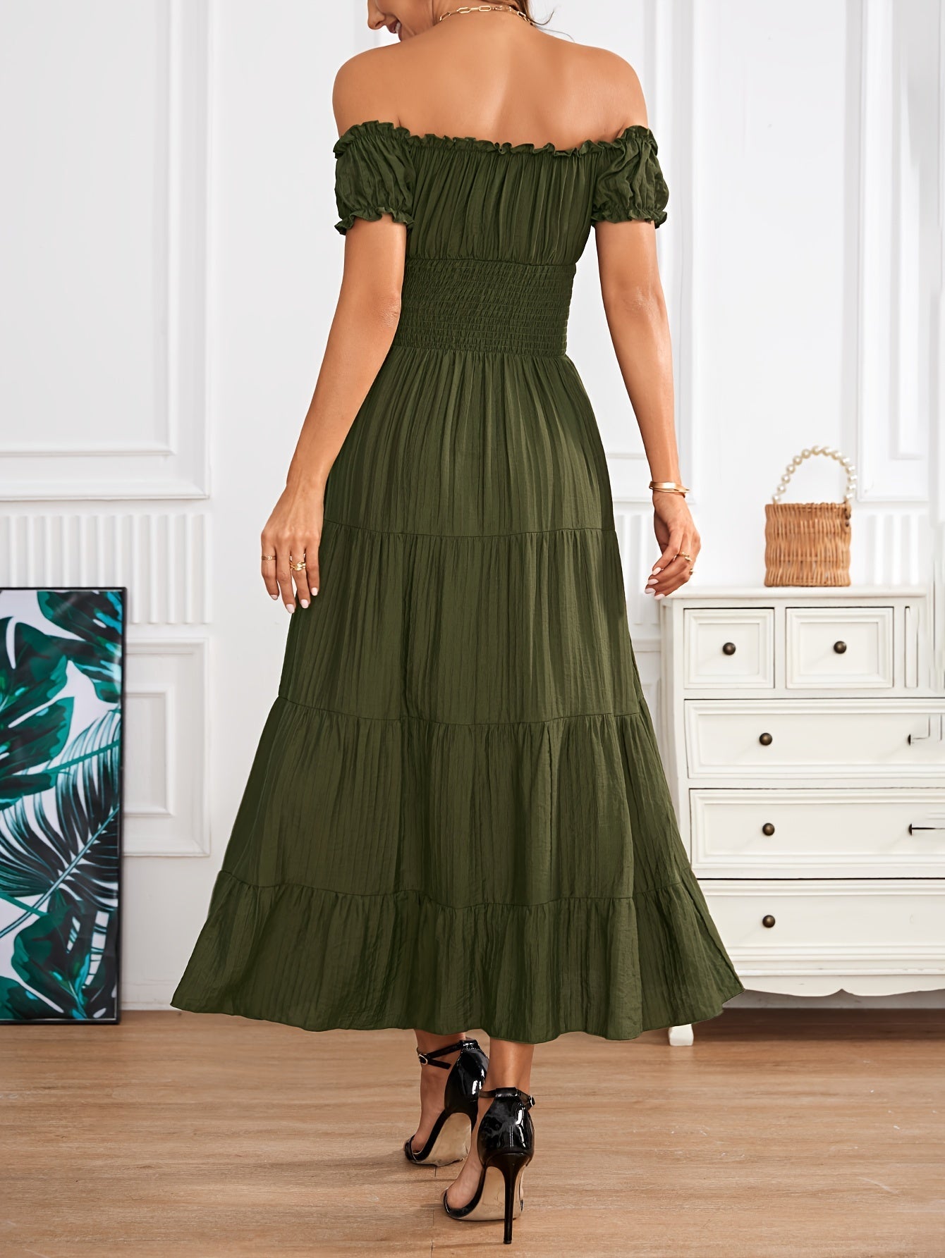 Maxi abito off-the-shoulder - arricciato in vita, linea ad A, arioso abito estivo da donna