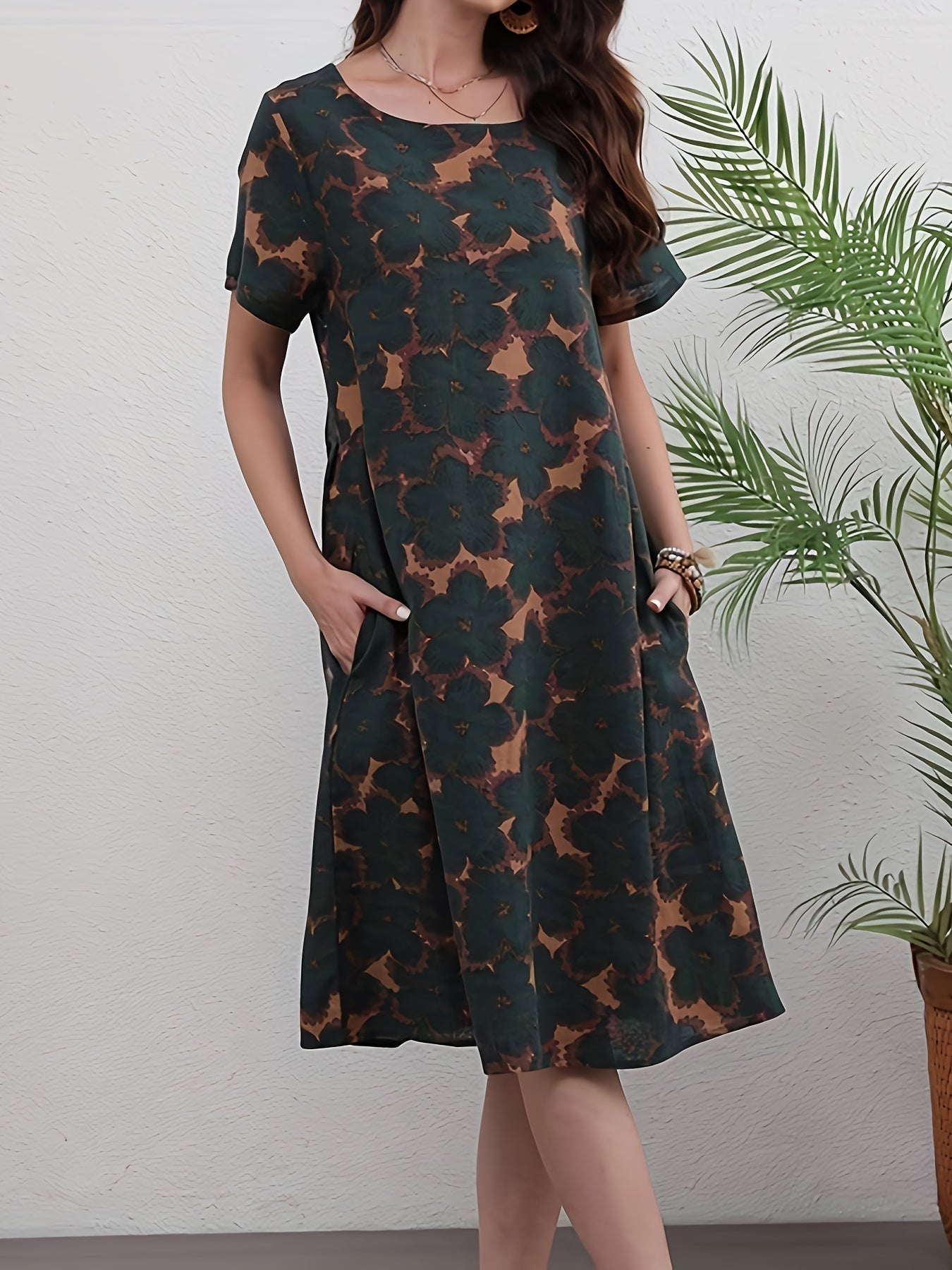 Abito floreale in lino da donna - lunghezza al ginocchio, scollo rotondo, maniche corte, tasche e perfetto per la primavera