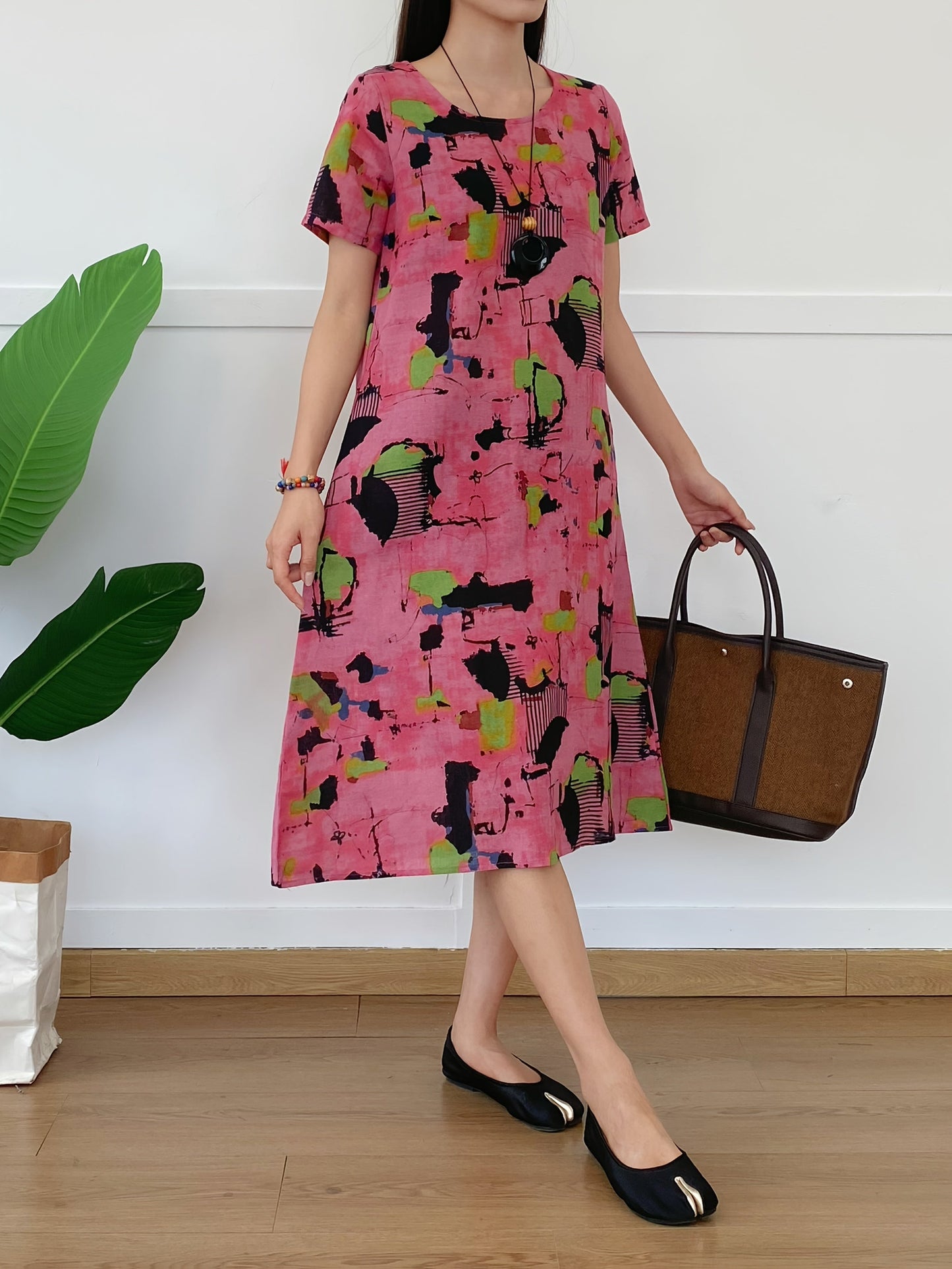 Abito estivo da donna - Abito midi in misto lino con tasche e scollo rotondo