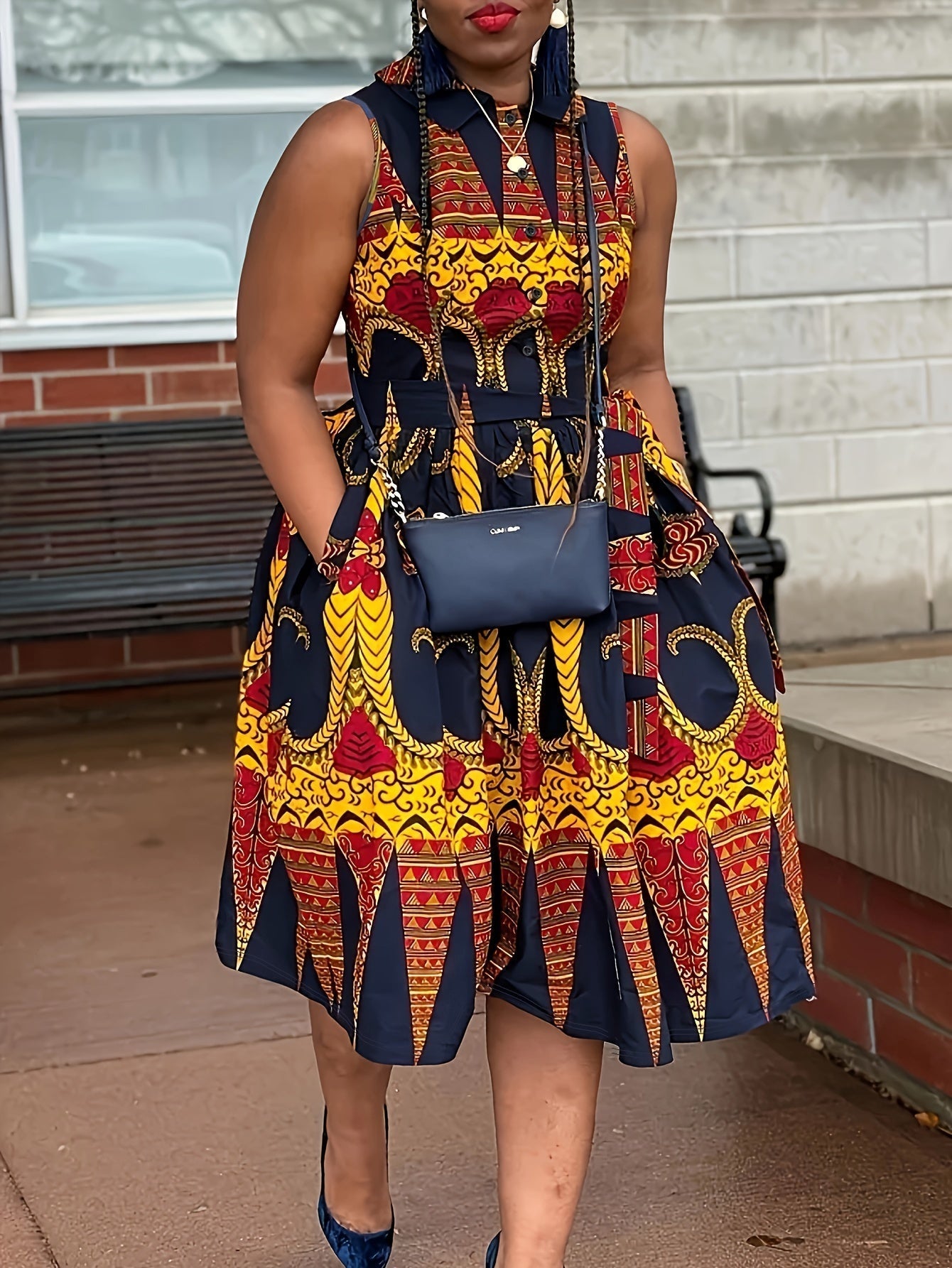 Abito floreale plus size da donna - abbottonatura, senza maniche, estate e vacanze