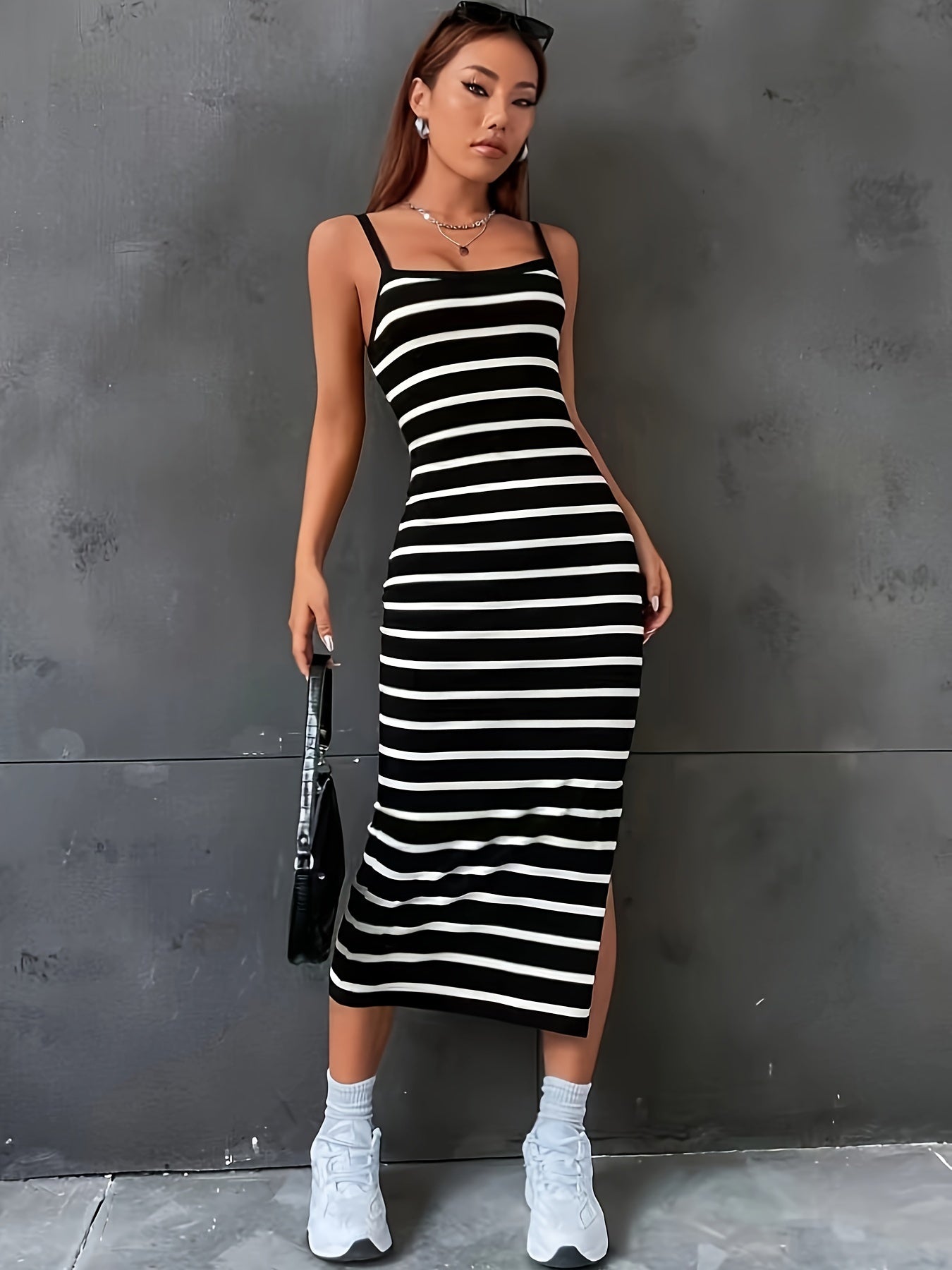 Abito estivo a righe abito cami da donna con spacco nero