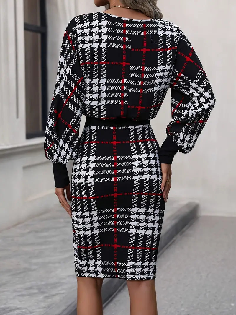 Tendenza senza sforzo Abito con scollo rotondo e motivo a quadri dal design sottile