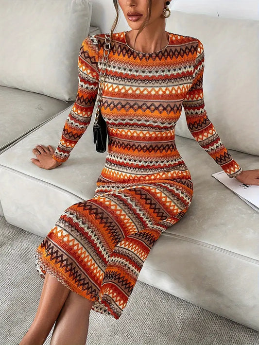 Abito da donna in maglia con motivo geometrico - abito invernale a maniche lunghe