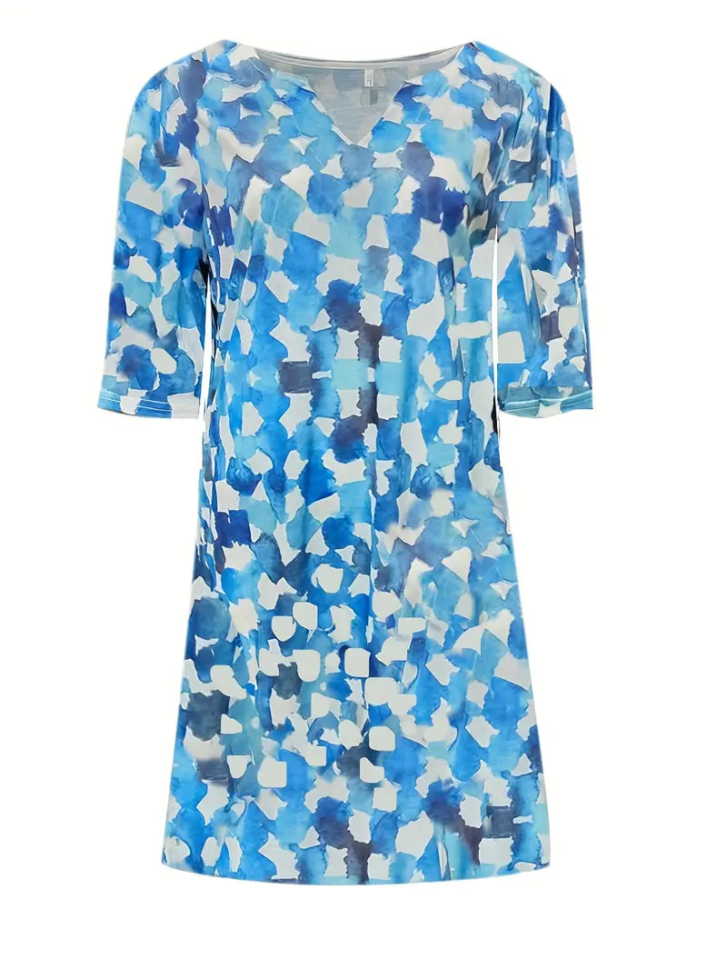 Abito blu con stampa all-over, scollatura a V e maniche a mezza lunghezza