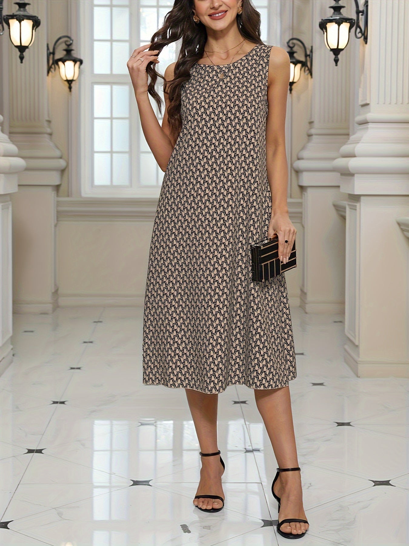 Abito estivo arioso con tasche Abito casual senza maniche con stampa all-over