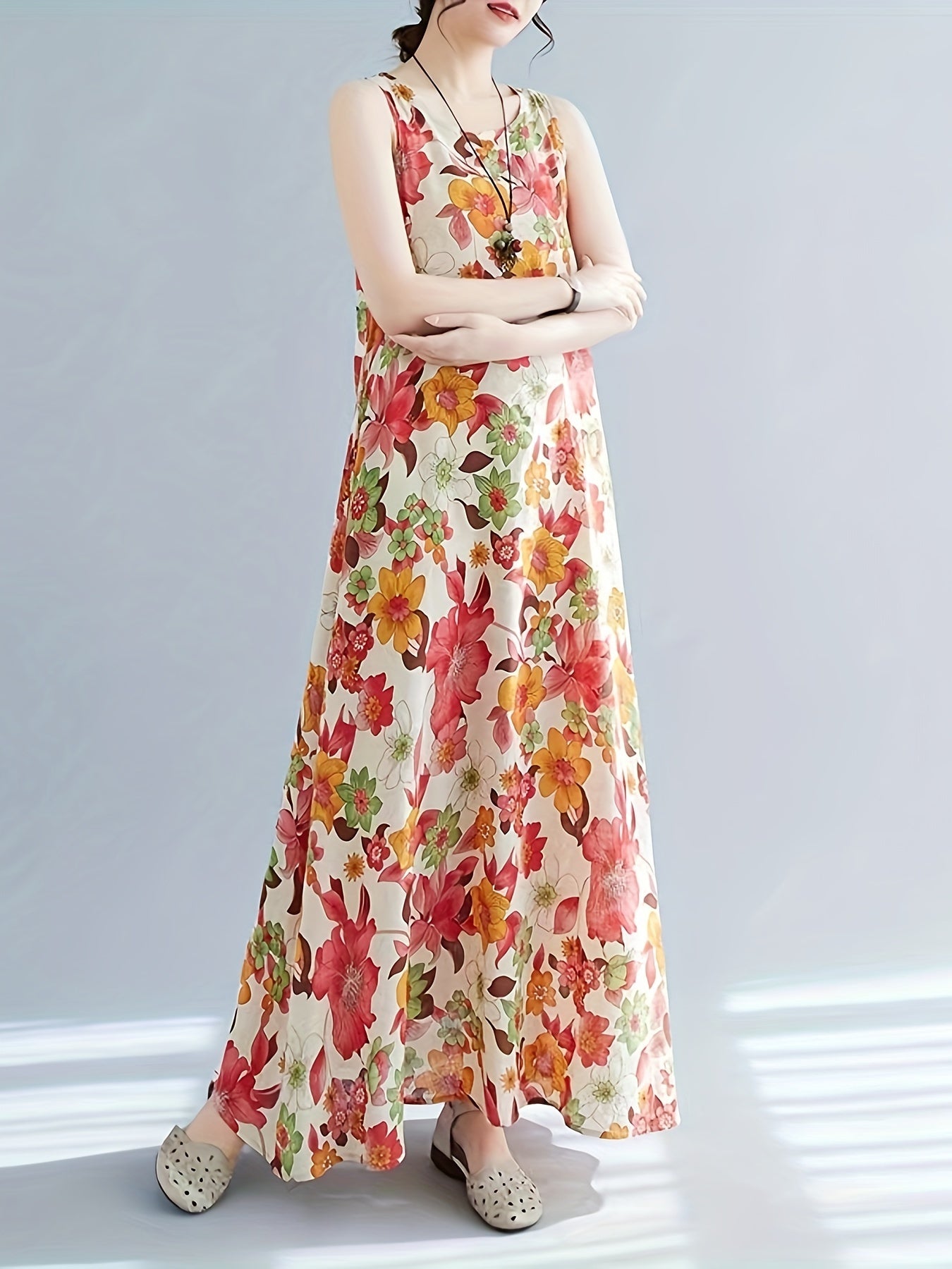 Abito floreale da donna - Senza maniche, collo rotondo, elegante e arioso per l'estate