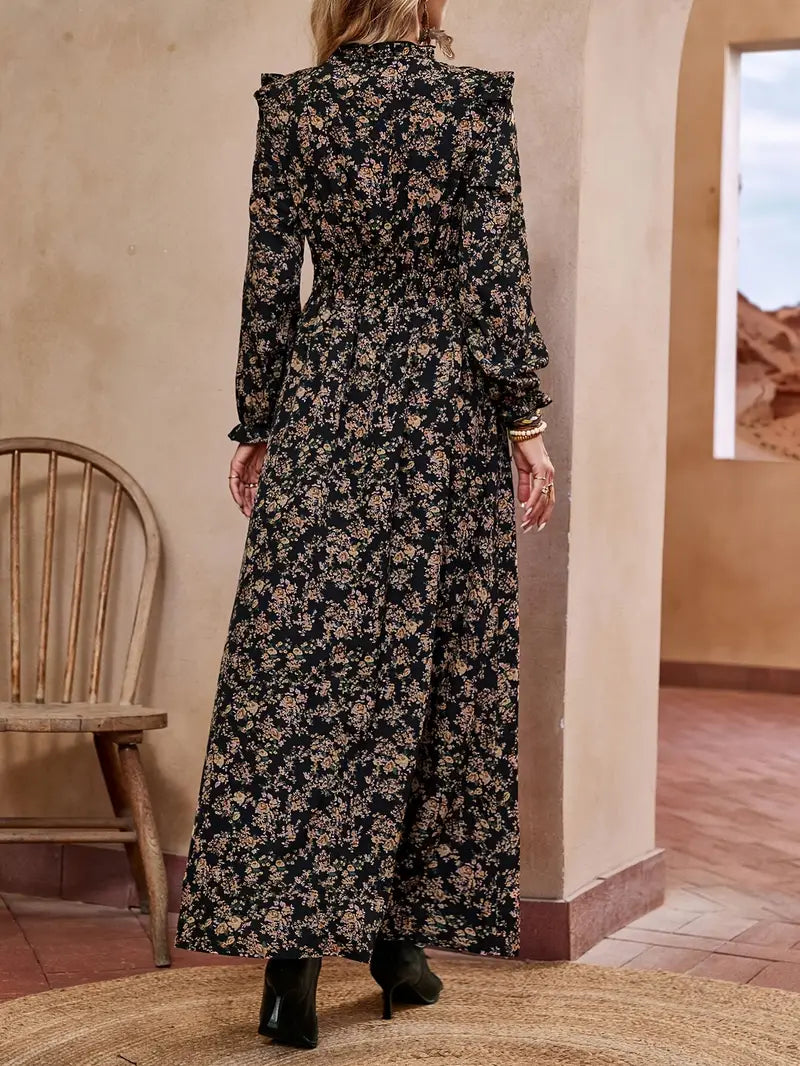Abito con stampa floreale e orlo increspato - Maxi abito elegante a maniche lunghe con colletto a tacche