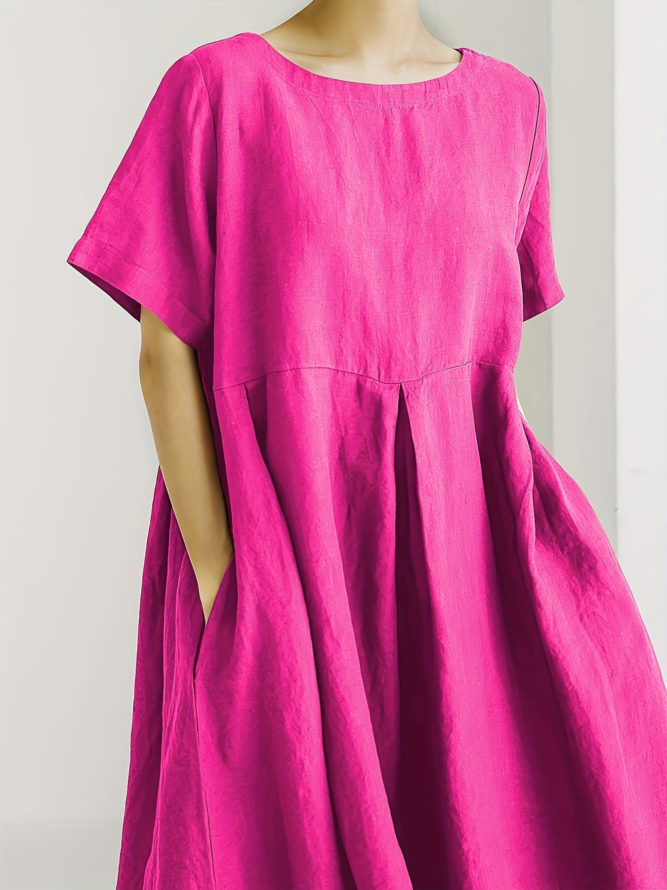 Abito midi in misto lino con tasche - manica corta a vita alta - moda estiva