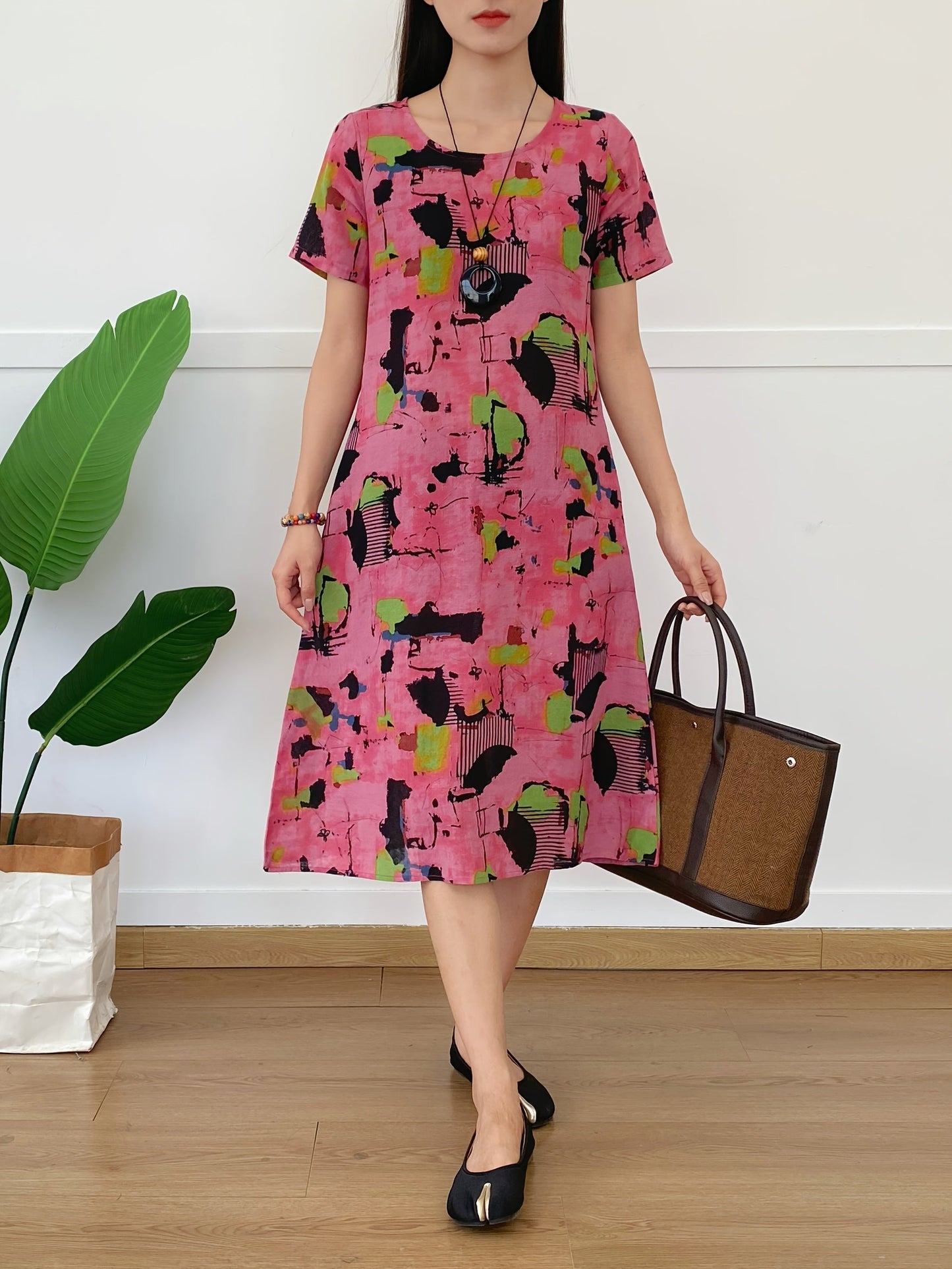 Abito estivo da donna - Abito midi in misto lino con tasche e scollo rotondo