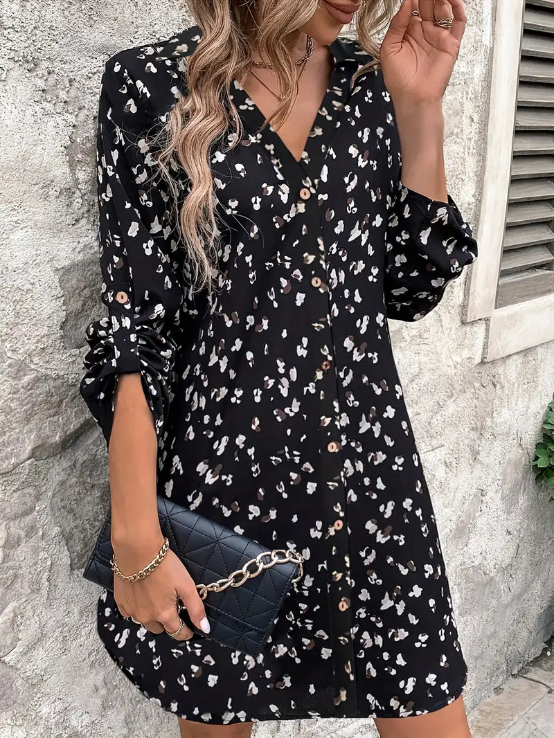 Abito camicia vintage a maniche lunghe con stampa all-over - Scollo a V