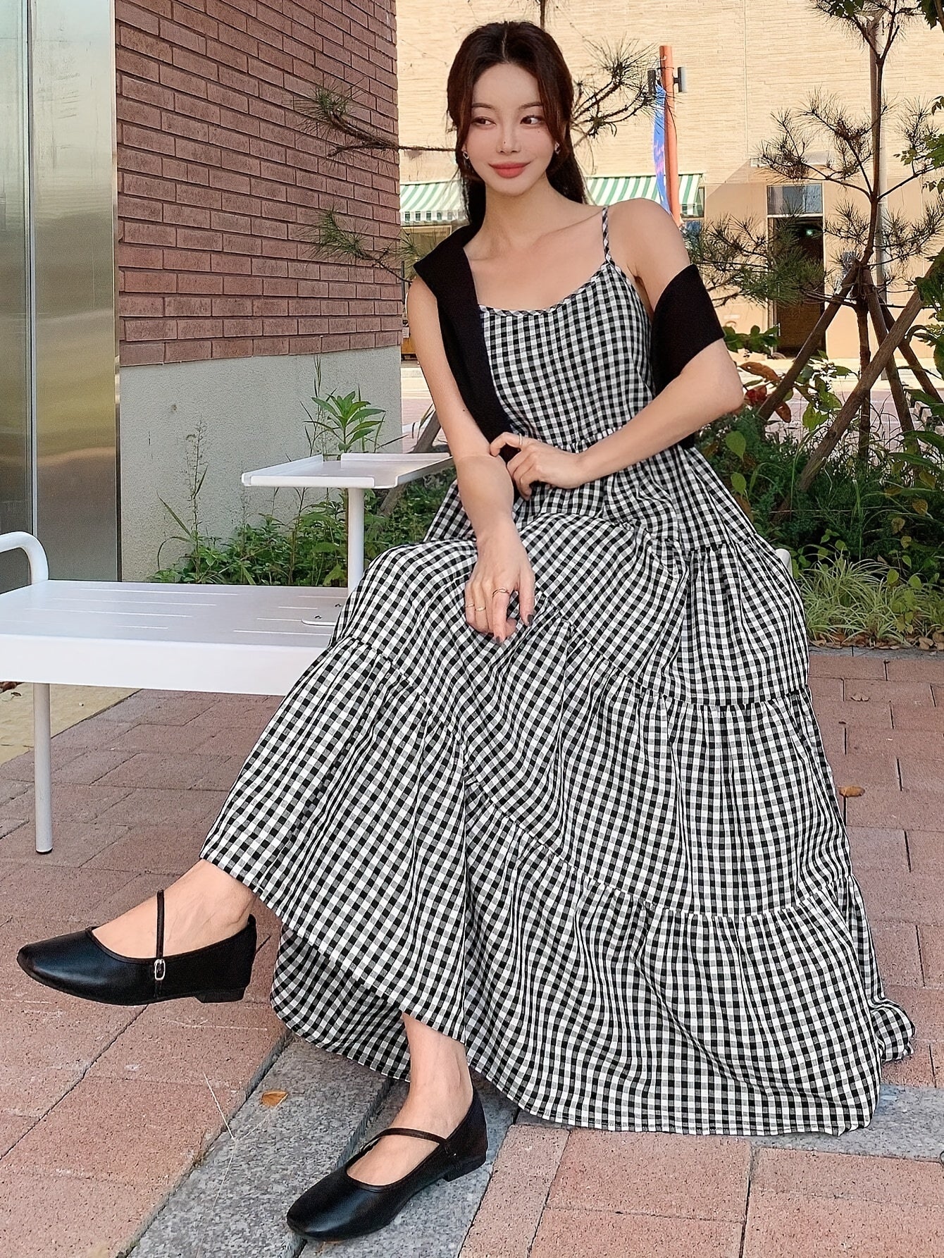 Stampa a reticolo Spaghetti Strap A-Line Cami Dress, orlo a lancia