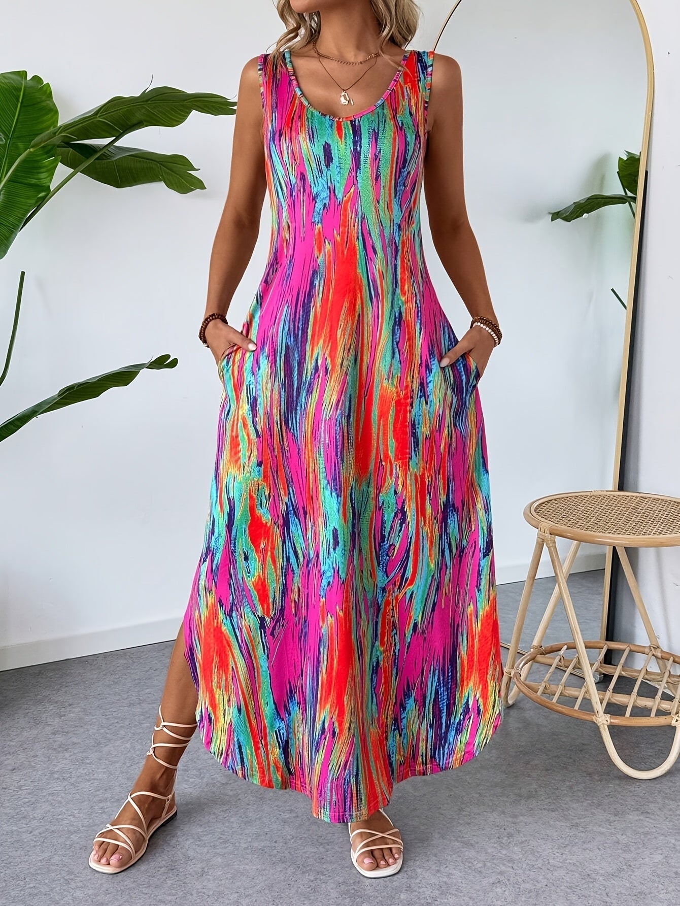 Abito estivo da donna stampato patchwork con scollo rotondo e senza maniche