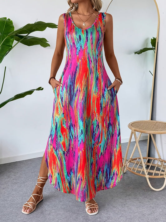 Abito estivo da donna stampato patchwork con scollo rotondo e senza maniche