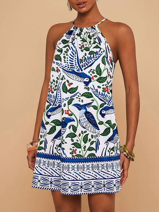 Mini abito estivo senza maniche con motivo di uccelli e piante, bianco