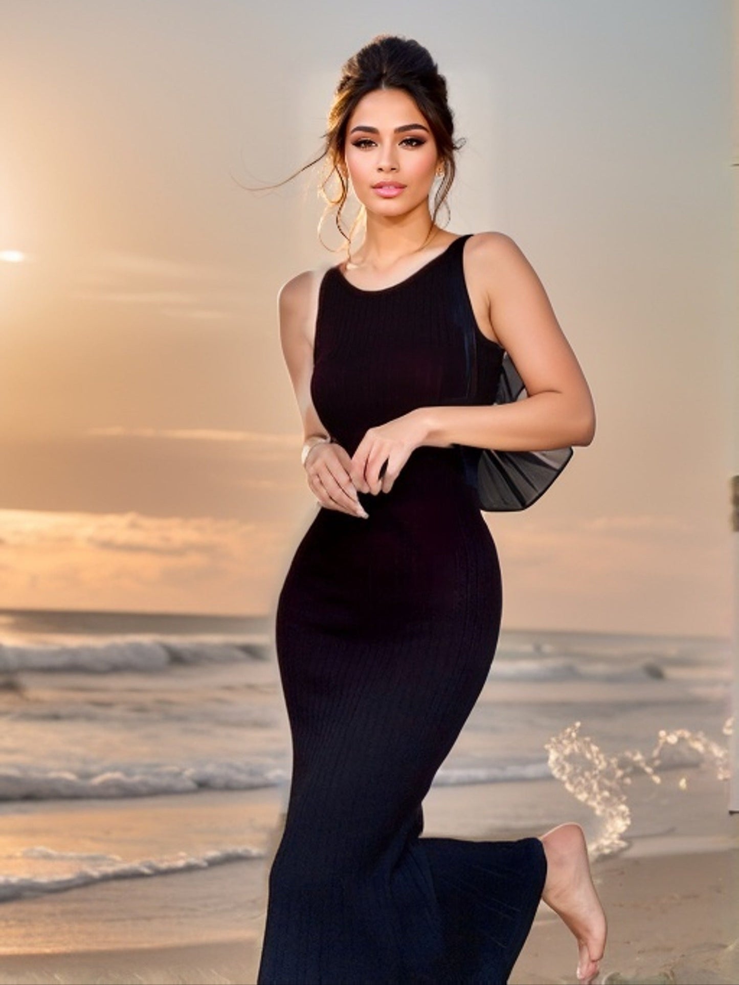 Maxi abito nero elegante in maglia senza maniche