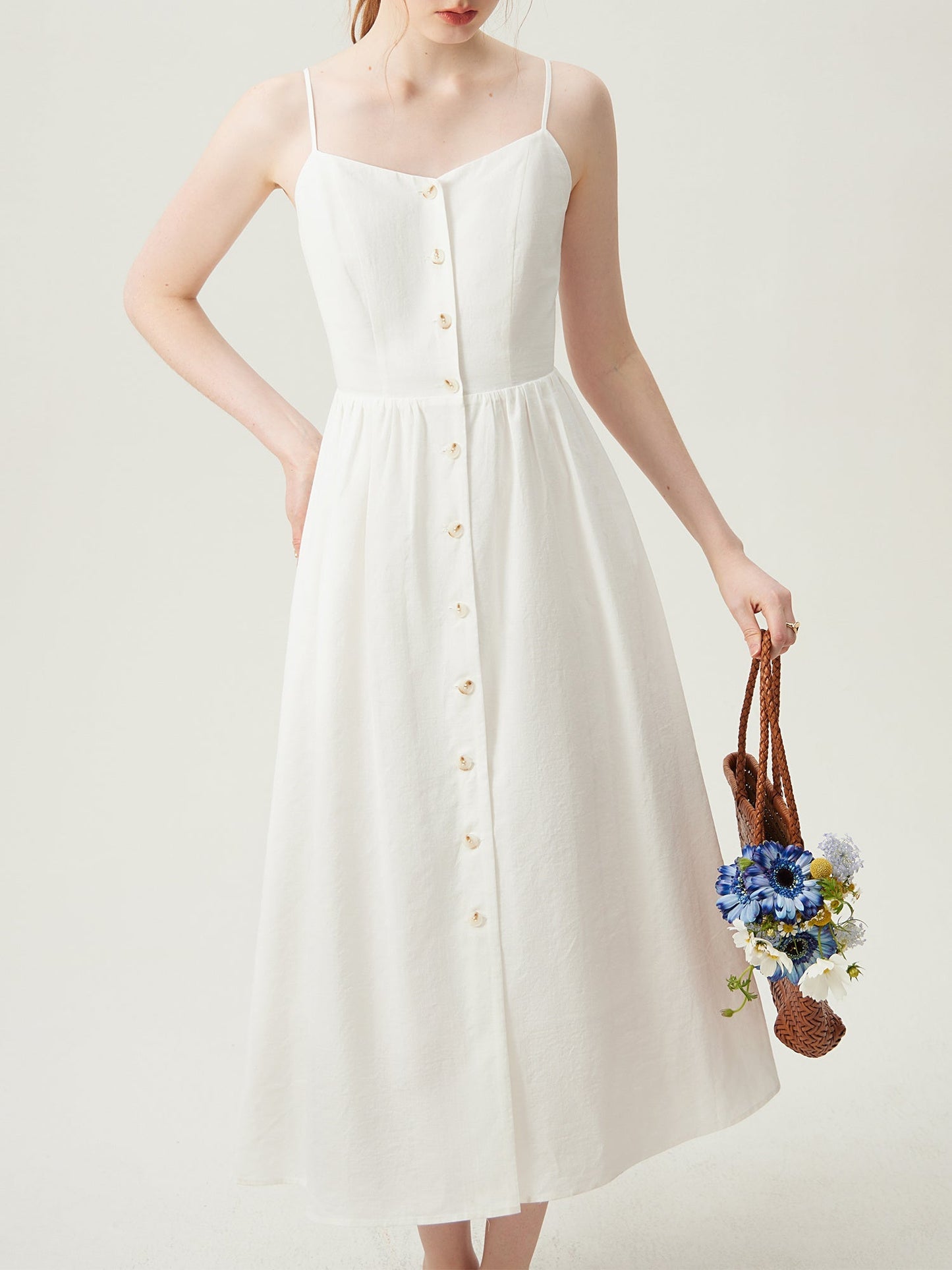 Abito estivo da donna - Abito midi senza maniche, misto lino, abbottonato