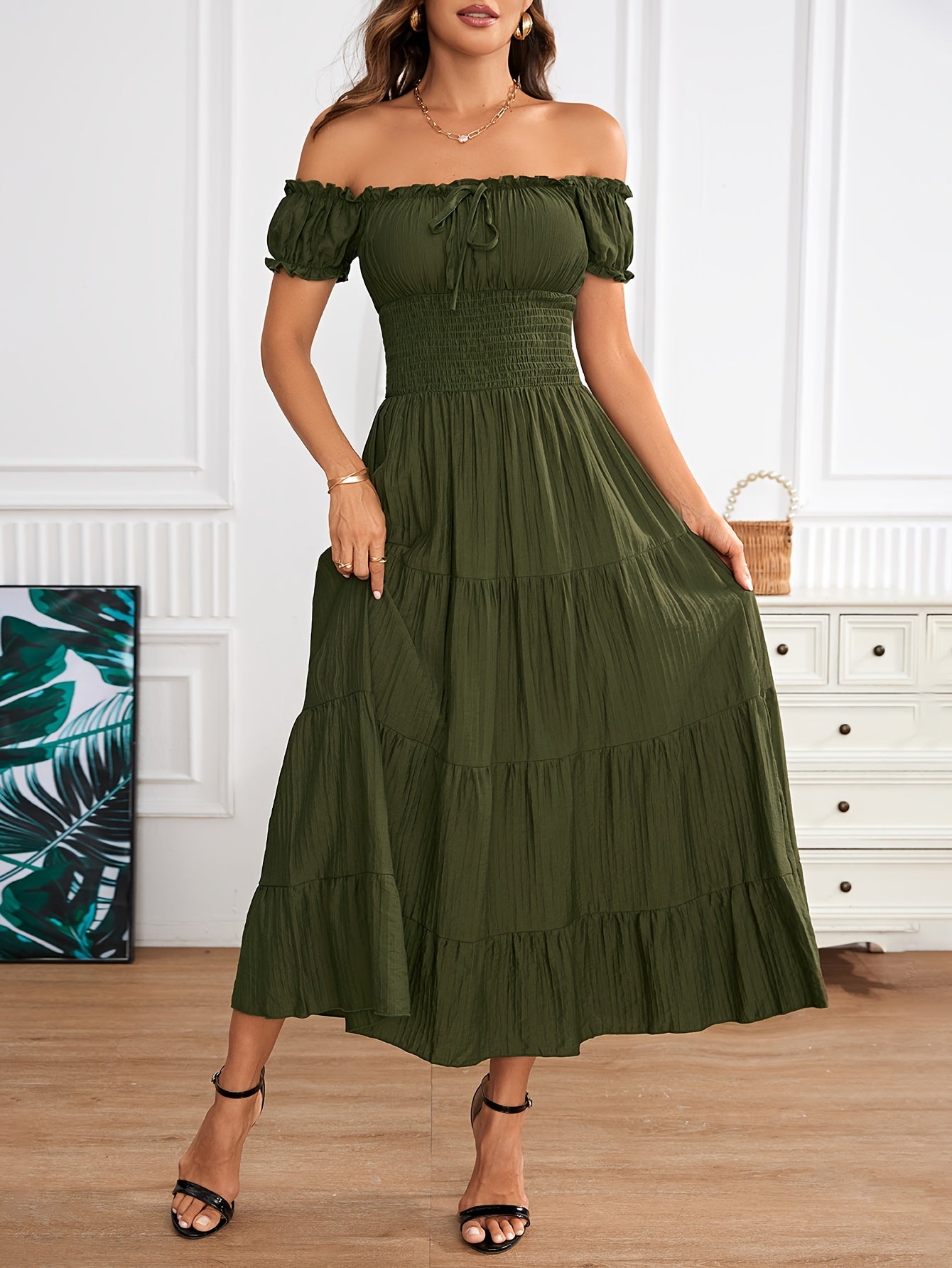 Maxi abito off-the-shoulder - arricciato in vita, linea ad A, arioso abito estivo da donna