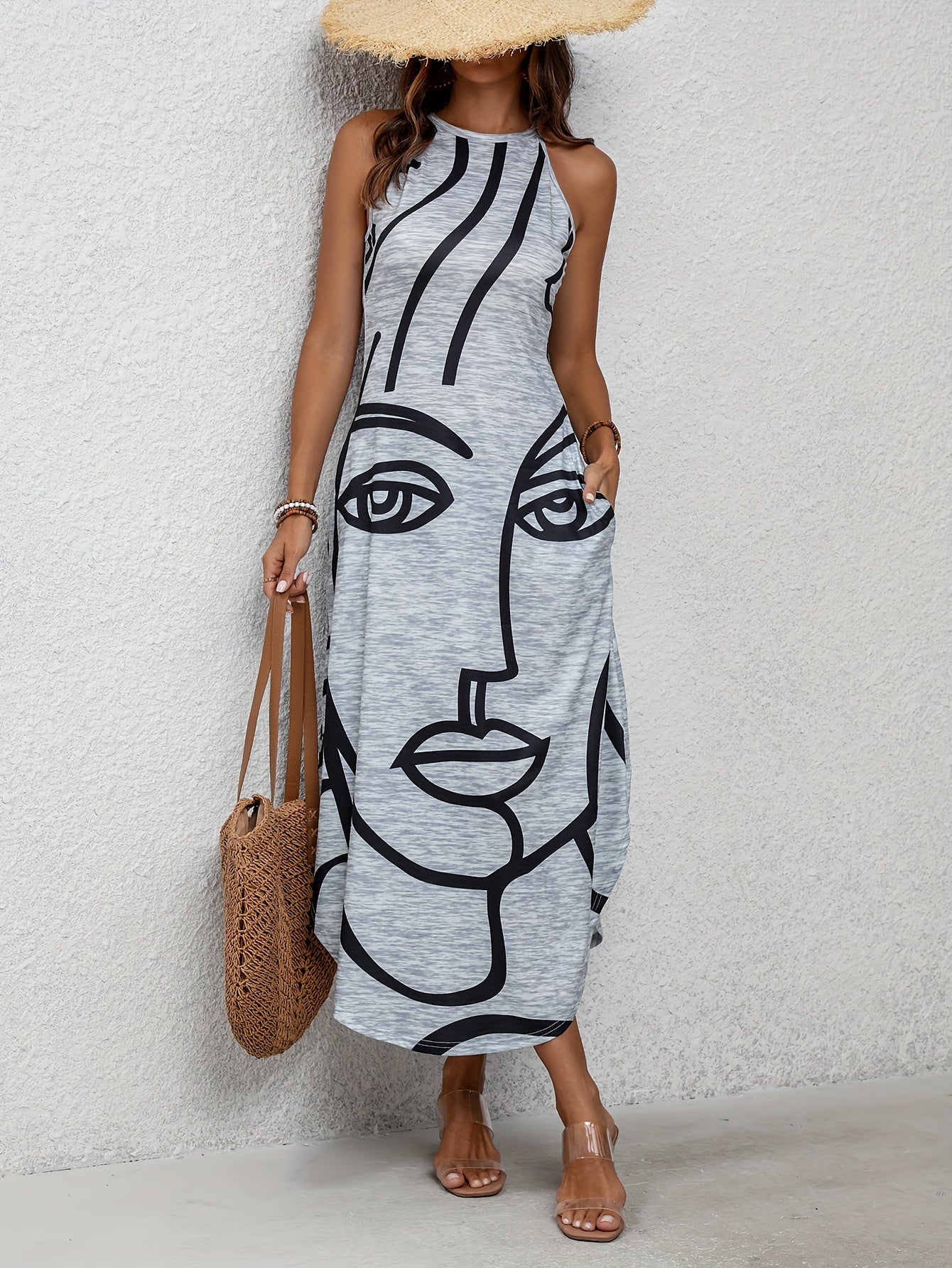 Maxi abito estivo da donna senza spalle, grigio con tasche