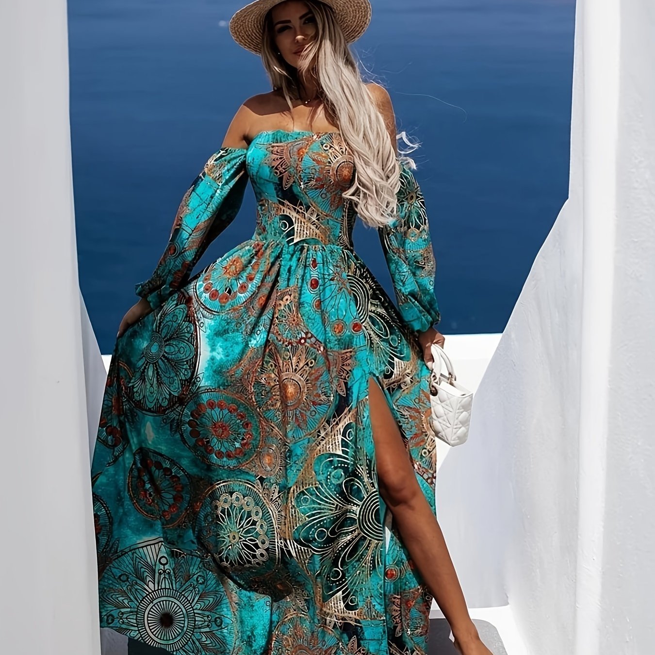 Abito Boho spagnolo con motivo etnico turchese