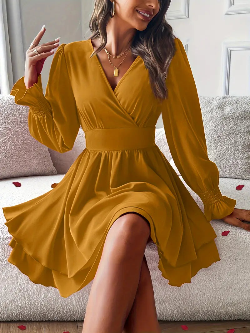 Abito elegante con scollo a V e maniche lunghe da donna