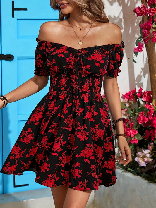 Abito floreale - Elegante abito dalla linea ad A con arricciatura in vita e scollatura quadrata per la primavera