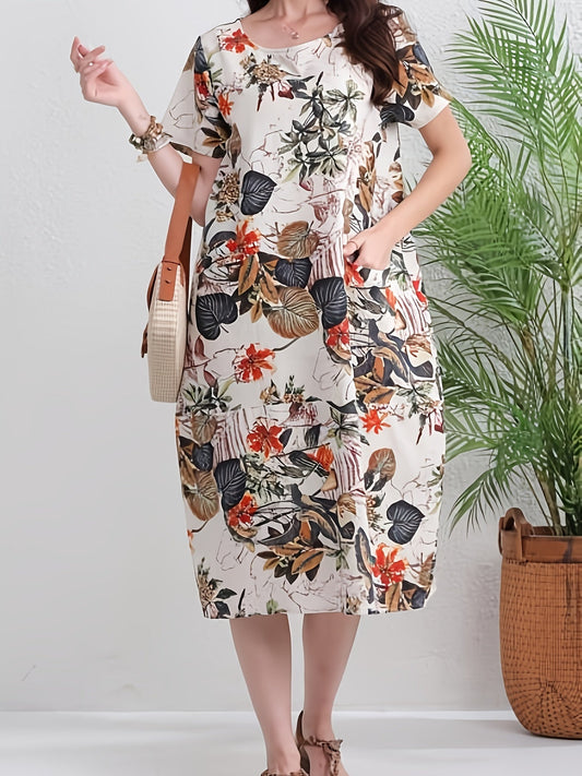 Abito a tunica in lino da donna - stampa floreale, arioso e con tasche per tutti i giorni e il tempo libero