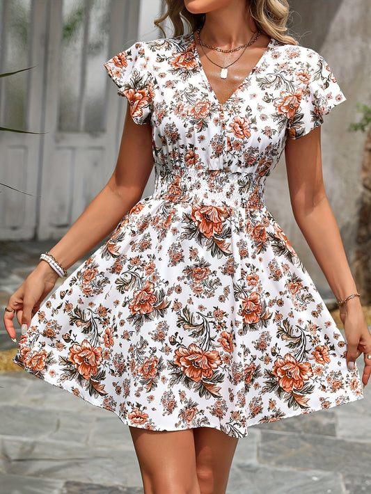 Abito floreale - Abito elegante con maniche a balze, scollatura a V e vita smocked per l'estate