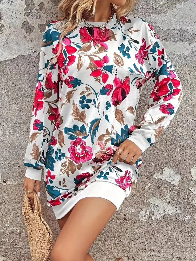 Abito a maniche lunghe con motivo floreale e scollatura boho in stile vintage