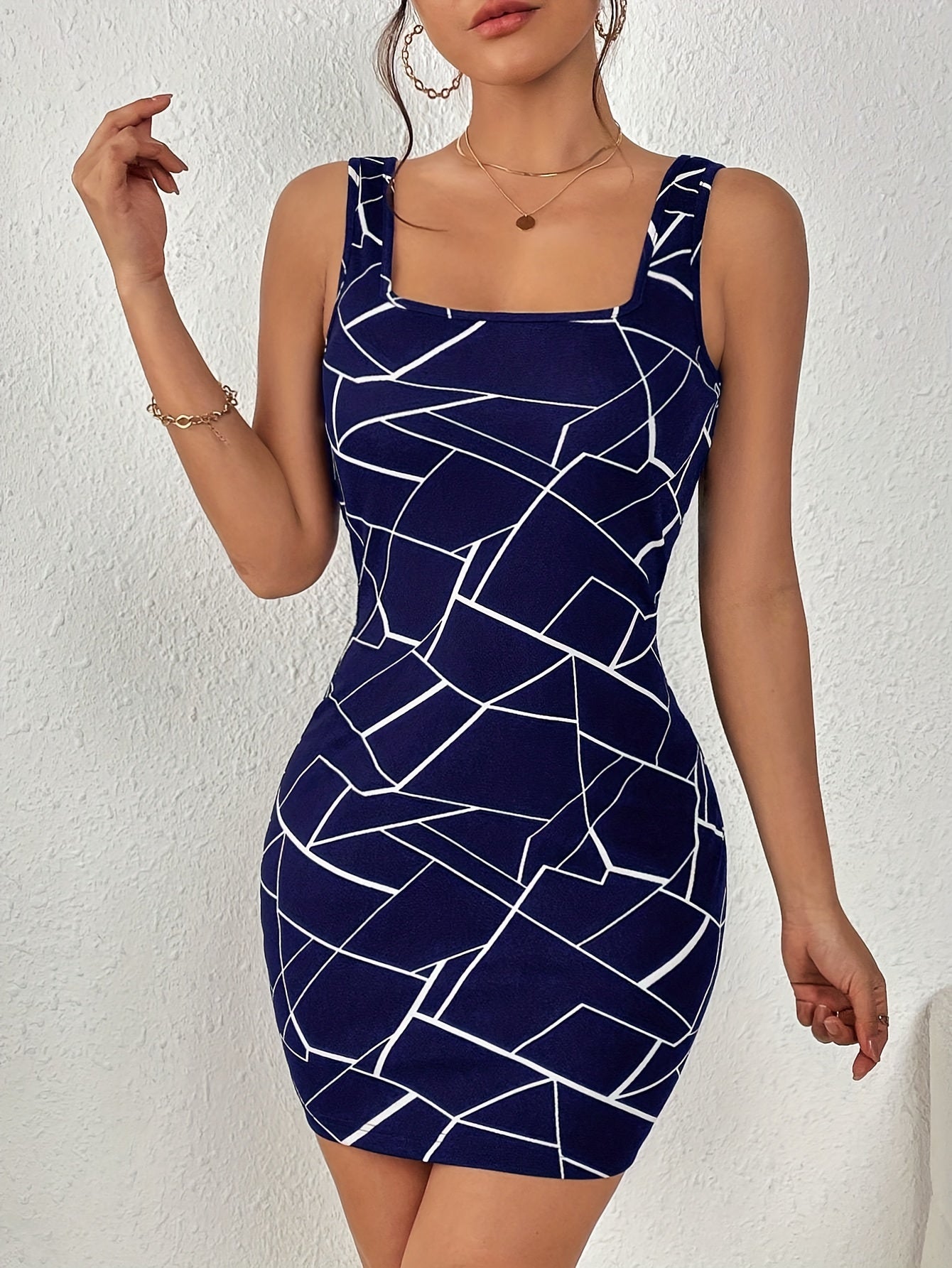 Miniabito bodycon geoprint da donna, elegante abito a canotta