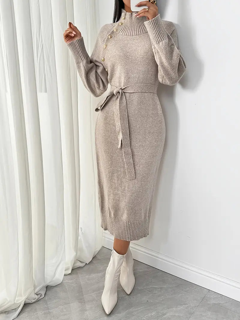 Abito robusto con maniche lunghe, elegante abito a maglione con abbottonatura e cintura