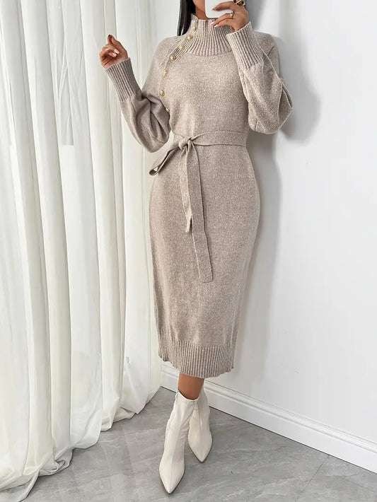 Abito robusto con maniche lunghe, elegante abito a maglione con abbottonatura e cintura