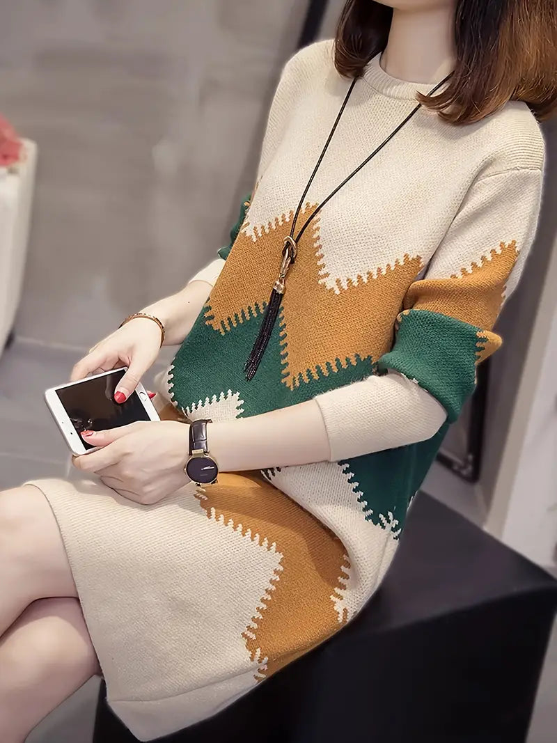 Abito a maniche lunghe con motivo a righe, scollo rotondo casual e color block