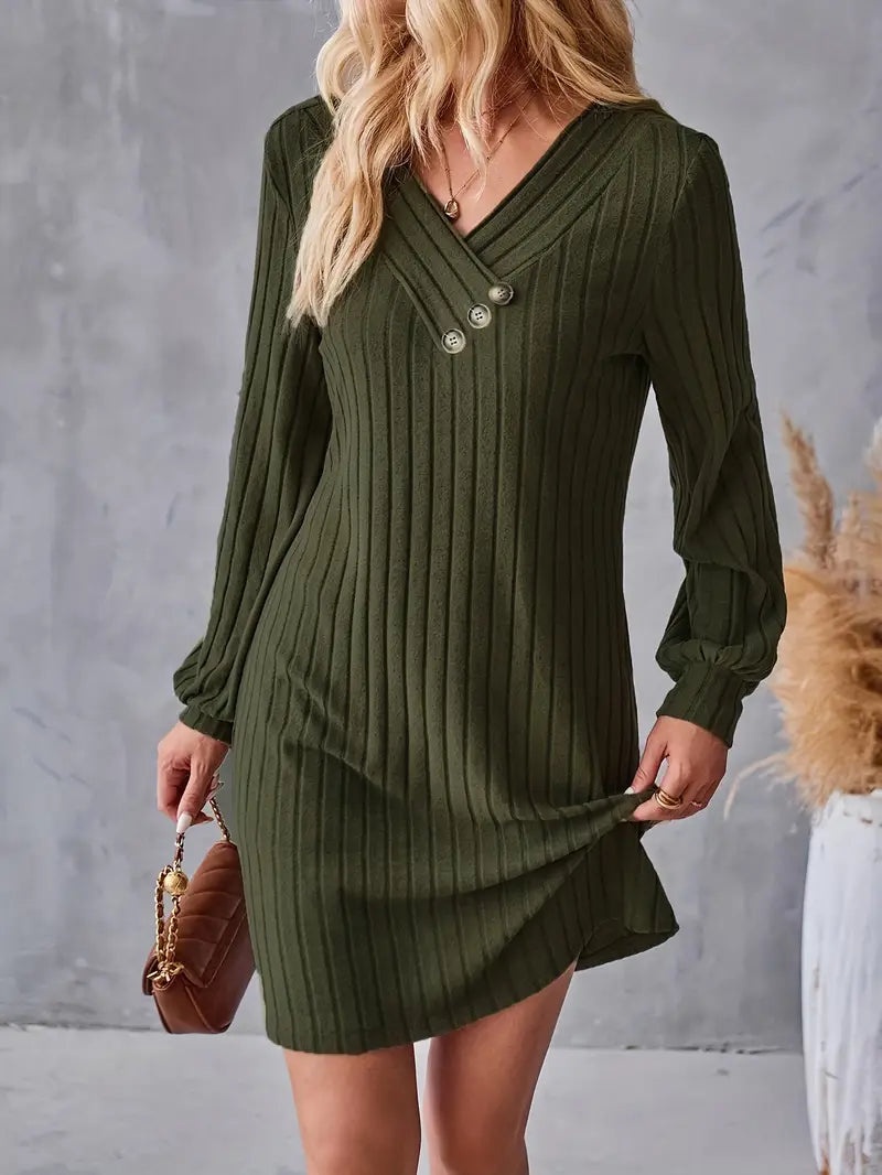 Elegante abito a coste con scollo a V - maniche lunghe con dettaglio di bottoni