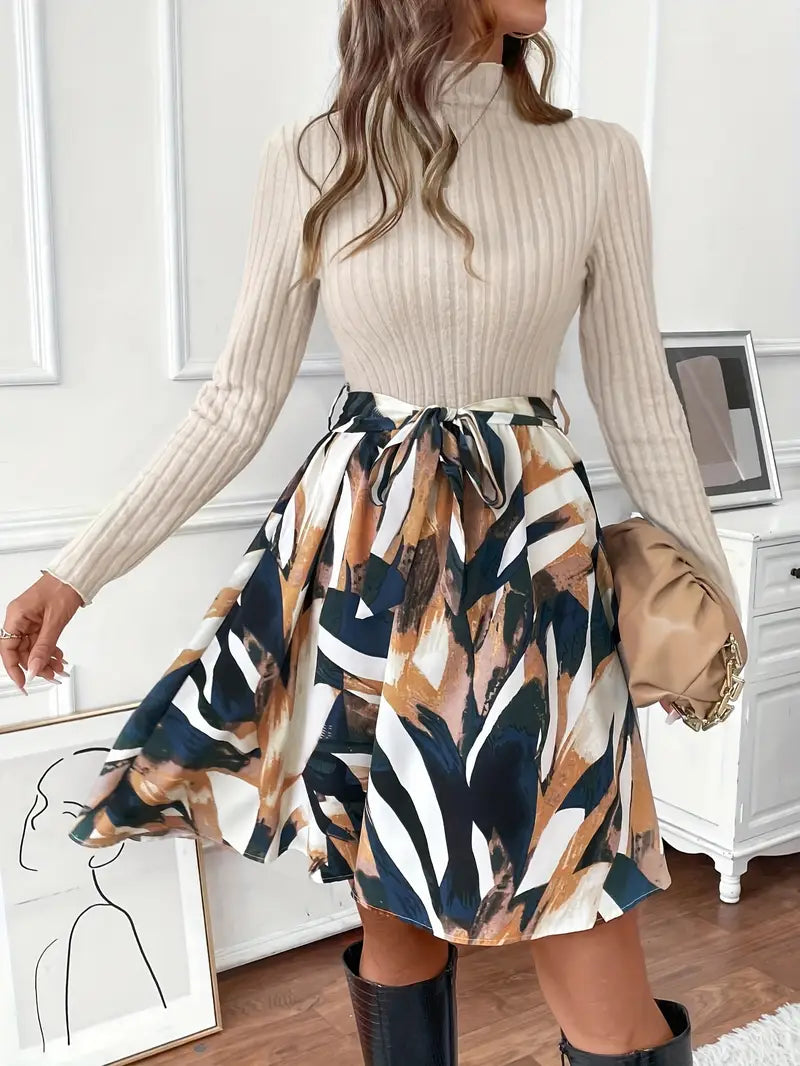 Abito in maglia stampata con cintura - manica lunga, lavabile, poliestere