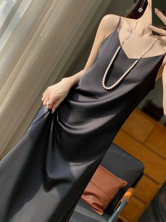 Abito midi in raso da donna - Scollo a V, senza maniche, morbido, lussuoso e confortevole per feste e occasioni serali