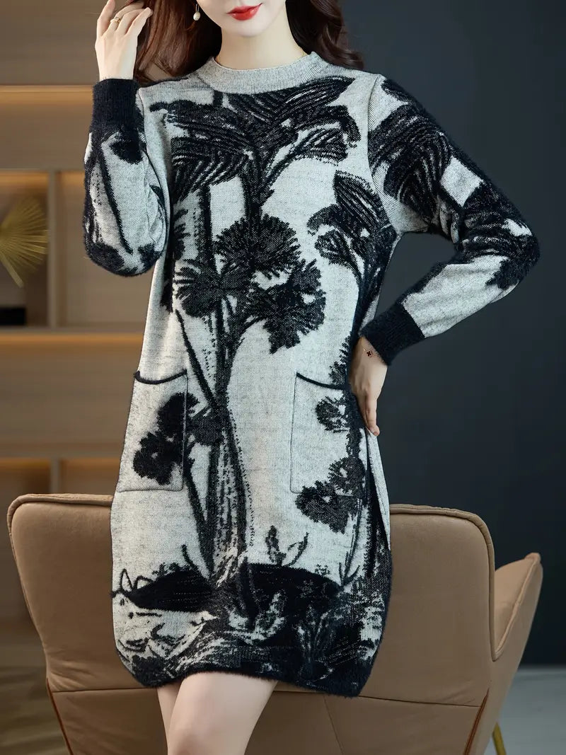 Abito tunica midi da donna - maglia in poliammide, motivo vegetale