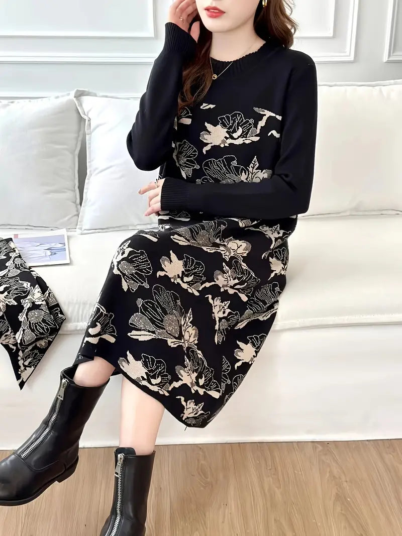 Abito elegante a maniche lunghe in jacquard con motivo floreale per donna