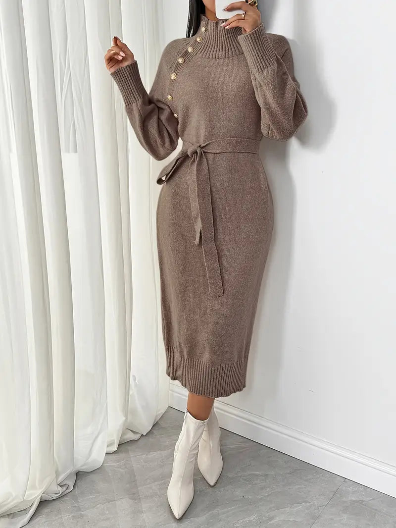 Abito robusto con maniche lunghe, elegante abito a maglione con abbottonatura e cintura