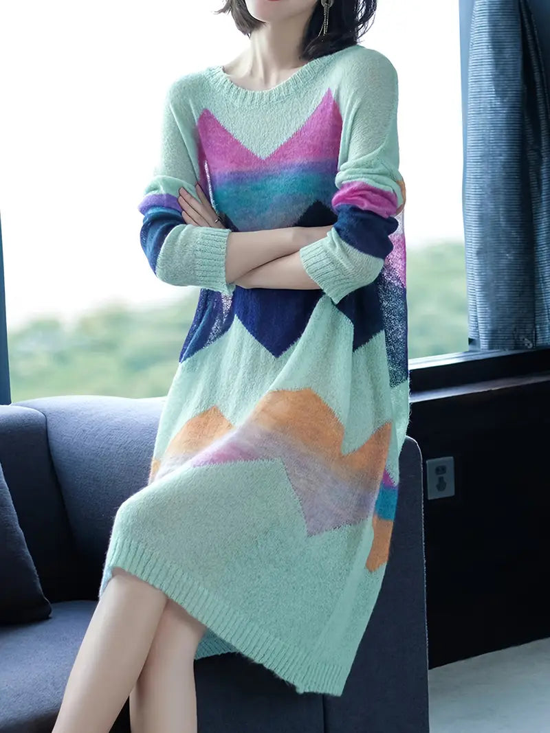 Elegante abito midi in cotone lavorato a maglia - design a blocchi di colore per donna